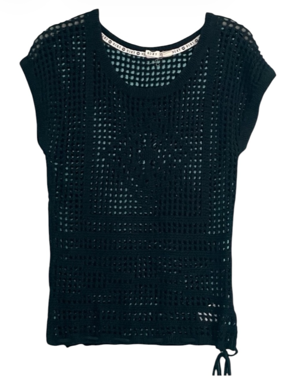 ROXY knitted crocheted sweater vest in black, ties at hem open weave cap sleeves